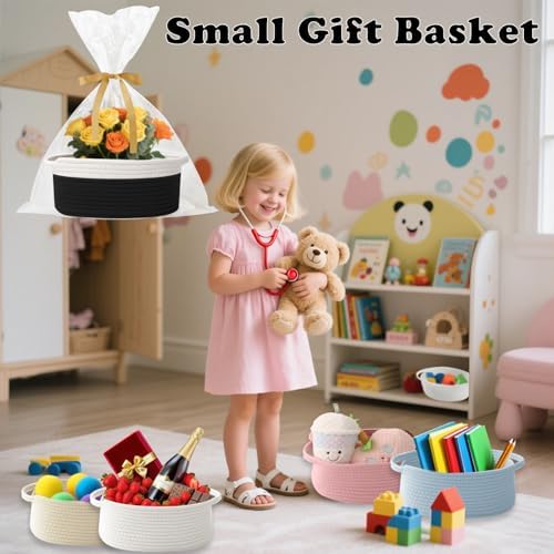 Woven Rope Basket - Baby Gift Basket with Bag & Ribbon, White&Black
