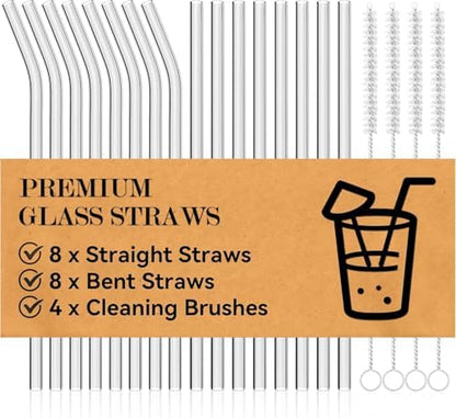 Foogwee® 20 Packs Reusable Glass Straws Set, 9'' x 12mm Clear Drinking Straws for Smoothies, Shakes, Coffee, Juice, Sodas, Milk, Tea, Cocktails, Set of 8 Straight and 8 Bent with 4 Cleaning Brushes