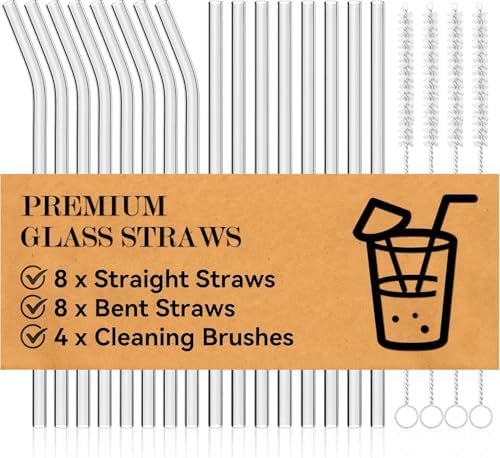Foogwee® 20 Packs Reusable Glass Straws Set, 10'' x 8mm Clear Drinking Straws for Smoothies, Shakes, Coffee, Juice, Sodas, Milk, Tea, Cocktails, Set of 8 Straight and 8 Bent with 4 Cleaning Brushes