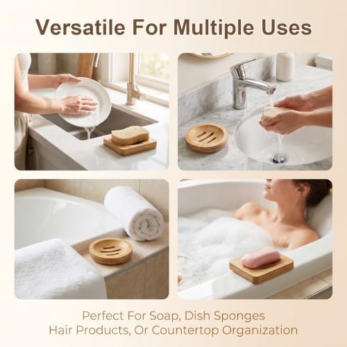 2 Pcs Bamboo Soap Holder, 2 Styles Soap Tray for Shower Kitchen Sink