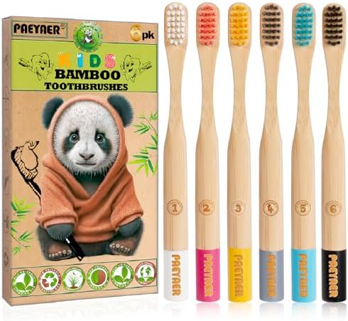 New Kids Bamboo Toothbrushes - 6 Pack, Organic Soft Bristle Toothbrush for Kids, Biodegradable Children's Toothbrushes (Toddler Toothbrush Ages 3-12, Multicolor)