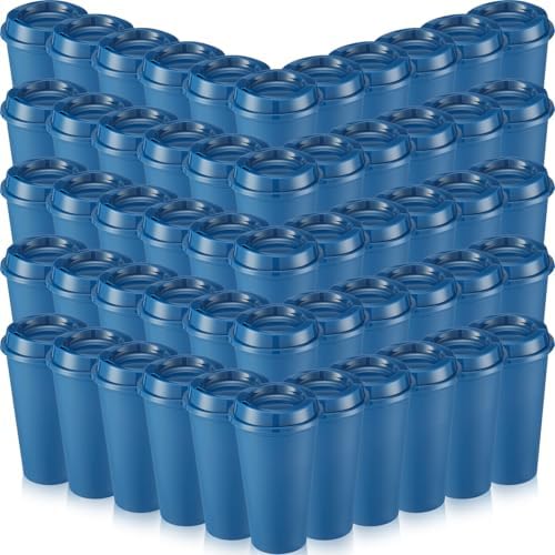 Honeydak 66 Pack 16 oz Reusable Coffee Cups with Lids Water Bottle Iced Coffee Travel Mug Portable Plastic Tea Tumblers Bulk for Hot and Cold Drinks Birthdays Party (Dark Blue,Classic)