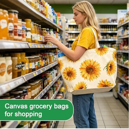 Aesthetic Canvas Reusable Grocery Bags Heavy Duty, 8.3 gal Foldable Large Tote Bag with Handles, Holds 60 lbs & Washable Eco-friendly Bags with 5 Pockets, Beige with a print 3 Bags