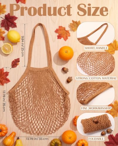 Eccliy 12Pcs Reusable Cotton Mesh Grocery Bag with Handle, Coffee, 10 in