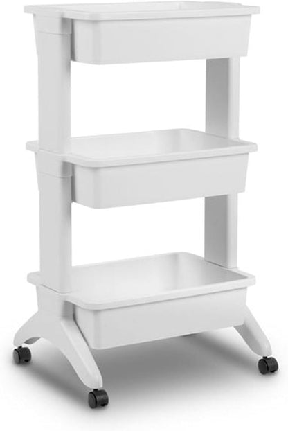 Sterilite 3 Tier Utility Cart Portable Storage Open Bin Organizer with 360 Degree Smooth Rolling Caster Wheels, Supports 10lb Per Tier, White, 12-Pack