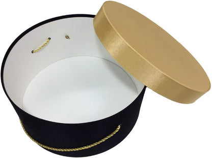 Sarah's Hat Boxes Classic Black/Gold Hat Box – 14.75" x 7.5" (Dia. x Ht.) Handmade in USA – Odorless Non-Toxic Adhesive, Cording Handle – Premium Storage for Hats & Accessories