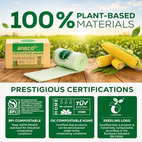 ANECO 8 Gallon Compostable Kitchen Food Waste Bags, 30 Count