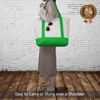 TOPDesign 1-Pack Canvas Tote Bag with an External Pocket, Reusable Grocery Shopping Bag, Top Zipper Closure, Daily Essentials (Lime Green/Natural)