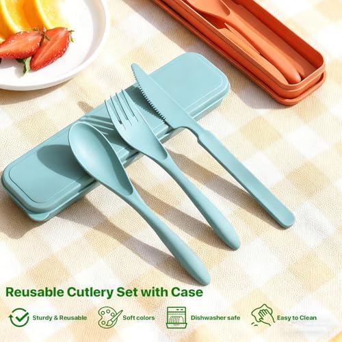 Travel Utensils with Case, 12 Sets Camping Utensil Sets, Wheat Straw Portable Knife Fork Spoons Tableware, Reusable Utensils for Lunch Box (Multi)