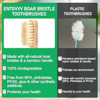 Boar Bristle Toothbrush, Plastic Free Natural Bamboo Toothbrushes