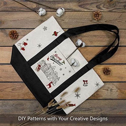 TOPDesign 6-Pack Canvas Tote Bags with an External Pocket, Reusable Grocery Shopping Bags, Top Zipper Closure, Daily Essentials (Black/Natural)