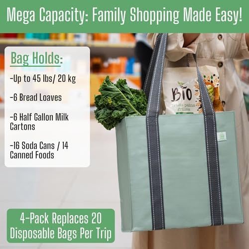 VENO 2/4 Pack Compact Reusable Grocery Shopping Bags with Hard Bottom