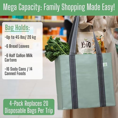 VENO 2/4 Pack Compact Reusable Grocery Shopping Bags with Hard Bottom