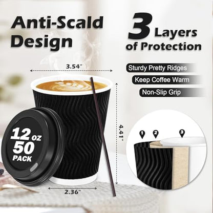 Lamosi 50 Pack 12 oz Coffee Cups with Lids, Disposable To Go Paper Cups