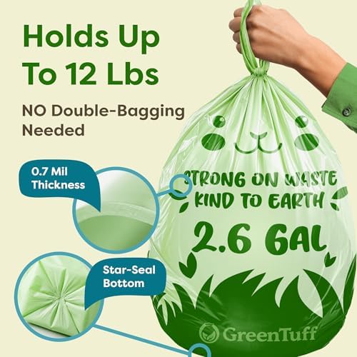 2.6 Gallon Compostable Trash Bags (100 Count) — Thick 0.7 Mil Small Compost Bin Liners — Leak-Resistant Plant-Based Food Scrap Bags for Countertop Kitchen Compost Pails — ASTM D6400 BPI Certified