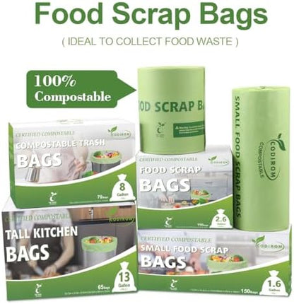 100% Compostable Trash Bags, 8 Gallon, 30 Liter, 0.85 Mils, 70 Count Large Kitchen Food Scrap Compost Bags for Kitchen Step Trash Cans with Europe EN13432 Certified