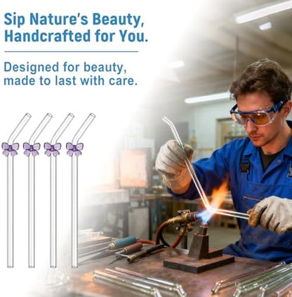 Cute Glass Straws with Purple Bow Charms, 8-Pack 9-Inch Bent for Tumblers