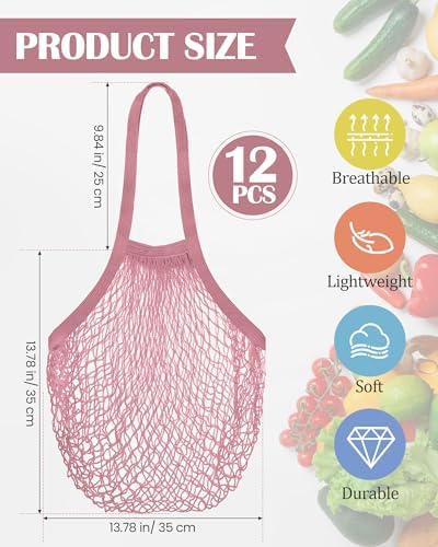 Eccliy 12Pcs Reusable Cotton Mesh Grocery Bag with Handle, Dark Pink, 10 in