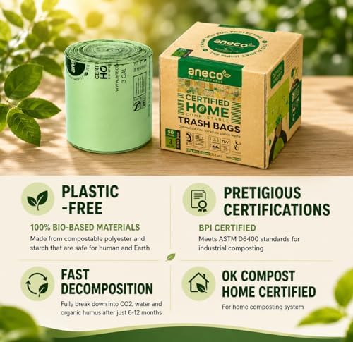ANECO 100% Compostable Food Waste Bags 3 Gallon, 100 Count