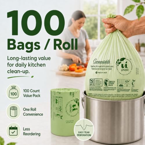 UNNI 2.6 Gallon Compostable Bags, 100 Count, 10 Liter, Extra Thick 0.71 Mil