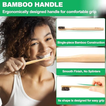 Horse Bristle Toothbrush, Plastic Free Bamboo Toothbrushes, 6 Pack Natural Wooden Toothbrush, Non Toxic & Non Plastic, Wood Tooth Brush, Manual Organic Toothbrush for Adult, Women, Men