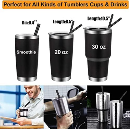 Vinaco 6 Pack Black 0.4" Wide Bore Reusable Stainless Steel Smoothie Straws