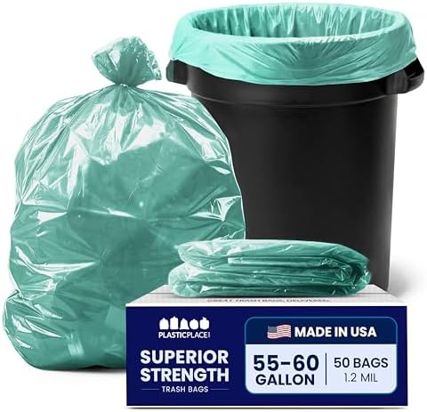 Plasticplace 55-60 gallon Trash Bags │ 1.2 Mil │ Green Heavy Duty Garbage Can Liners │ 38” x 58” (50Count)