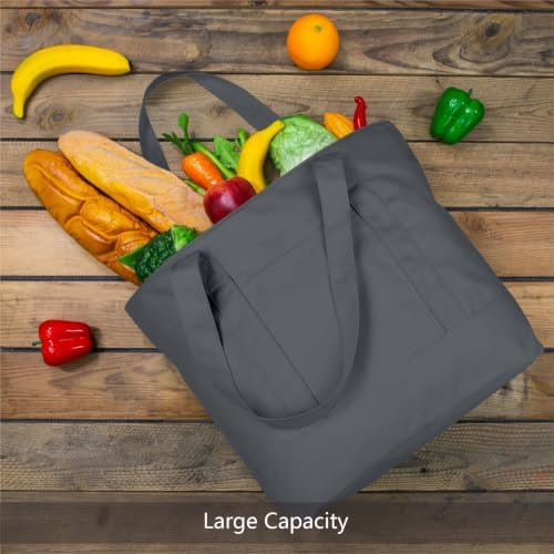 TOPDesign 3-Pack Canvas Tote Bags with an External Pocket, Reusable Grocery Shopping Bags, Top Zipper Closure, Daily Essentials (Grey)