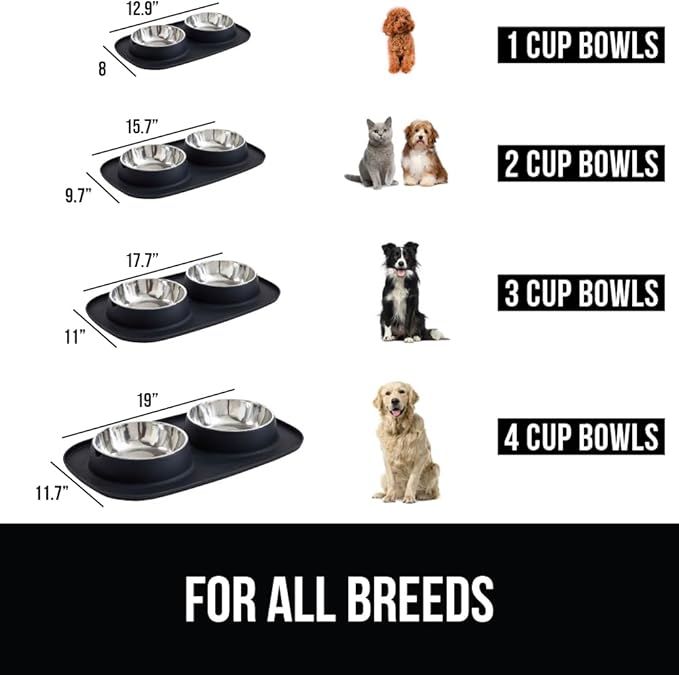 GORILLA GRIP Feeding Mat Set, Patent Pending 100% Waterproof BPA Free Silicone, Stainless Steel Cat and Dog Bowls, Slip Resistant, High Edges Catch Water Food, US Designed Pet Accessories, 1 Cup Black