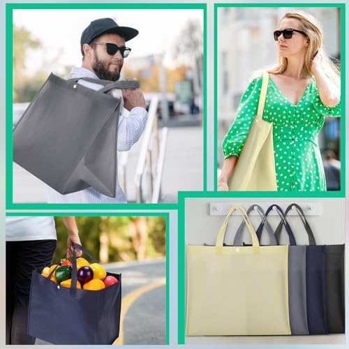 Zhehao 60 Pcs Reusable Grocery Shopping Bags Large Foldable Gift Tote Non Woven Fabric Bags with Handle and Plastic Button for Birthdays, Bridesmaids, Party Favors, 15 x 9.5 x 13 Inch (Neutral Colors)