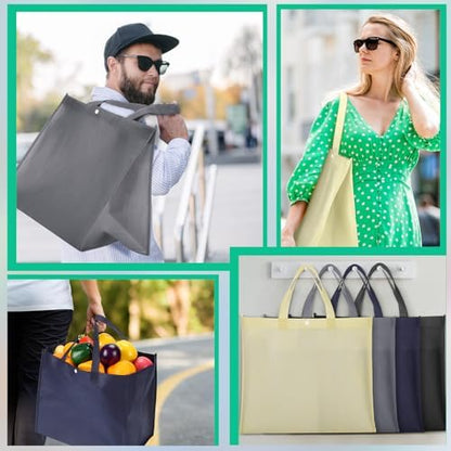 Zhehao 60 Pcs Reusable Grocery Shopping Bags Large Foldable Gift Tote Non Woven Fabric Bags with Handle and Plastic Button for Birthdays, Bridesmaids, Party Favors, 15 x 9.5 x 13 Inch (Neutral Colors)
