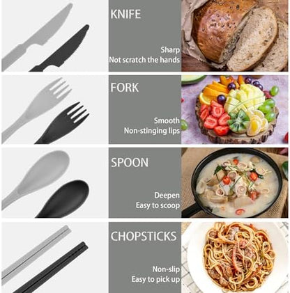 2 Sets Plastic Reusable Utensils Set with Case, Travel Chopsticks Fork Spoon Knife Set for Lunch Box, Portable Cutlery Sets for Travel Camping Daily Use (Black, Grey)