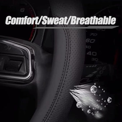 Carodi Latest Nappa Leather car Steering Wheel Cover, Stylish Non-Slip Leather car Interior 15 inches Universal（Black）