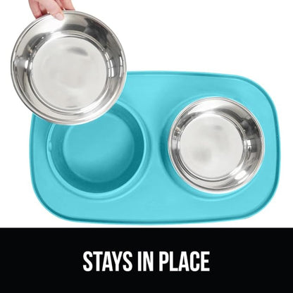 GORILLA GRIP Feeding Mat Set, Patent Pending 100% Waterproof BPA Free Silicone, Stainless Steel Cat and Dog Bowls, Slip Resistant, Edges Catch Water, Food, US Designed Pet Accessories, 2 Cup Turquoise