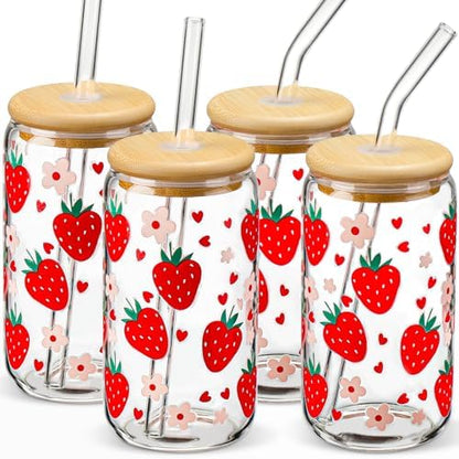 Glass Cups with Lids and Straws with Design Strawberry 4 pcs,Clear Glass Cups 16 oz-DWTS Drinking Glasses Set,Glass Tumbler,Cute Design Glass Iced Coffee Cups with Lids and Straws 480ml