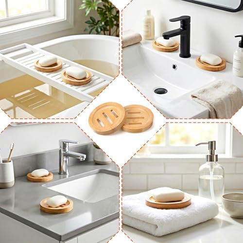 16 Pcs Bamboo Soap Dishes, Wooden Soap Holder with Drainage - Round Natural Soaps Trays for Bathroom, Kitchen, Shower (3.2 Inch)