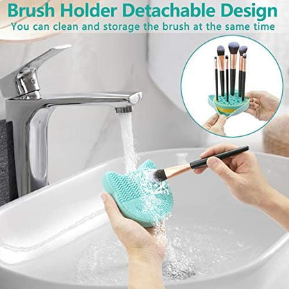 TailaiMei 2 in 1 Makeup Brush Cleaning Mat With Drying Holder, Silicon Cat Shaped Cleaner Pad, Cosmetic Organizer Rack, Portable Washing Tool for Makeup (Green)