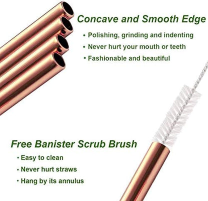 VEHHE Rose Gold Metal Straws, Stainless Reusable Straws Set with Brush