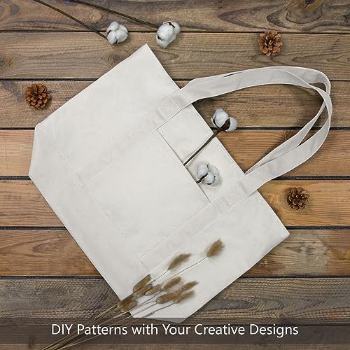TOPDesign 6-Pack Canvas Tote Bags with an External Pocket, Reusable Grocery Shopping Bags, Top Zipper Closure, Daily Essentials (Natural)