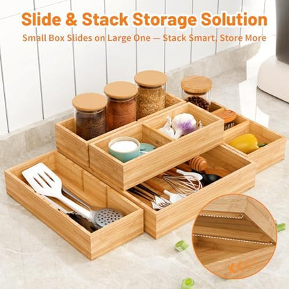 Bamboo Drawer Organizer, 10-Piece Stackable Trays with Removable Dividers