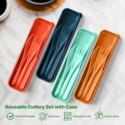 Travel Utensils Set with Case, 4 Sets Camping Utensils Wheat Straw Reusable Utensils Set With Case, Knife Fork and Spoon Utensils for Lunch Box
