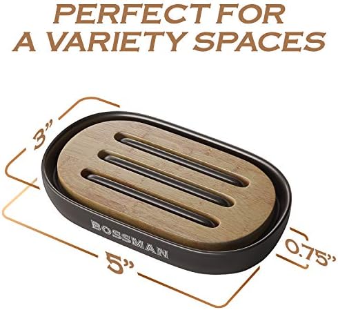 Bossman Natural Bamboo Bathroom Soap Dish w/ Premium Ceramic Base - Black