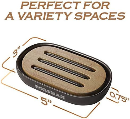 Bossman Natural Bamboo Bathroom Soap Dish w/ Premium Ceramic Base - Black