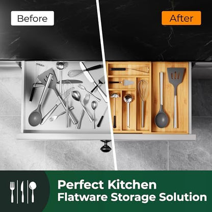 Large Silverware Organizer, 12 Slots Magnetic Connected Expandable Bamboo Utensil Drawer Organizer From 21 to 37.4 Inches, Adjustable Flatware and Cutlery Holder, Utensil Tray for Kitchen Natural