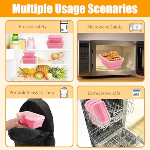 4 Collapsible Silicone Food Storage Containers, Square, Pink