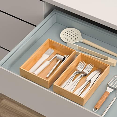 VeyFey Silverware Tray for Drawer, Stackable Kitchen Bamboo Drawer Organizer 9" x 6" x 2" Set of 2