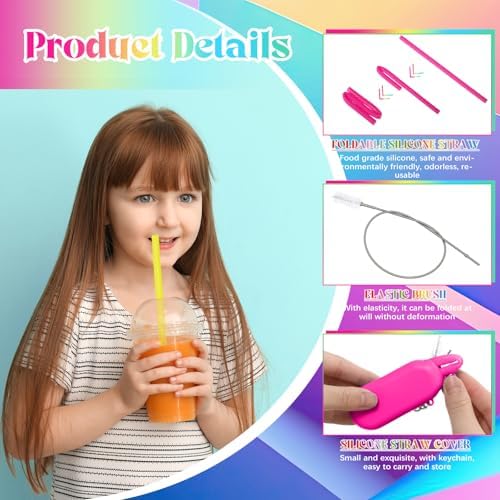 Meanplan 4 Sets Reusable Straws Travel Case Brush Silicone,Neon Colors