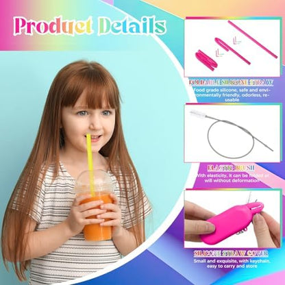 Meanplan 4 Sets Reusable Straws Travel Case Brush Silicone,Neon Colors