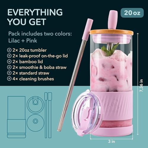 Pandaloo® Glass Cups With Lids and Straws -20 Fl Oz- Perfect Size Iced Coffee Cup - Smoothie Cup With Bamboo Lid and On the go Lid - Glass Tumbler (2 Count (Pack of 1), Lilac-Pink)