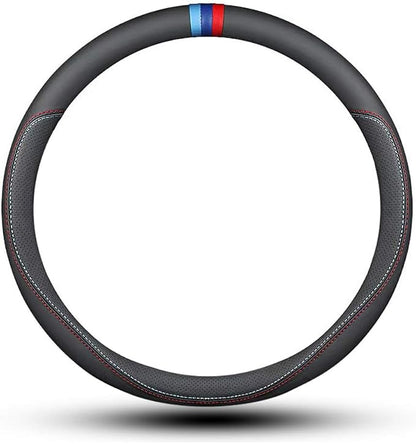 Carodi Latest Nappa Leather car Steering Wheel Cover, Stylish Non-Slip Leather car Interior 15 inches Universal Black(red and Blue Signs)